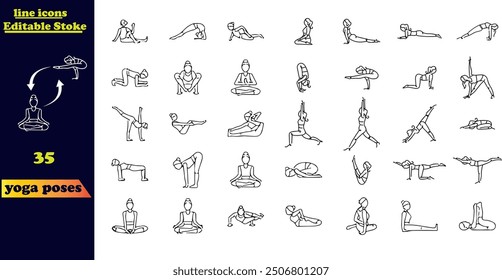 Set of 35 outline icons related to yoga poses .