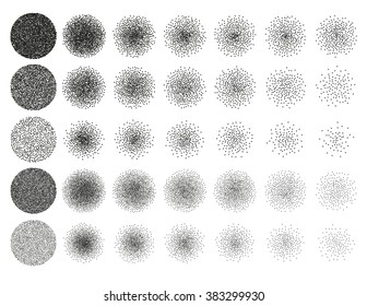 Set of 35 round stipple pattern for design. Spot shade engraving retro to create brushes. Highly detailed set of tile