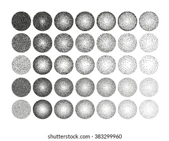 Set of 35 round stipple pattern for design. Spot shade engraving retro to create brushes. Highly detailed set of tile