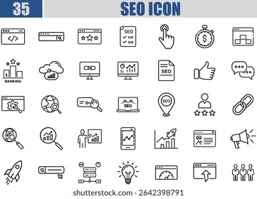 Set of 35 SEO and Development web icons in line style on transparent background