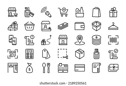 Set of 35 shopping icons in line style. Shopping malls, online shopping, delivery. Vector illustration.