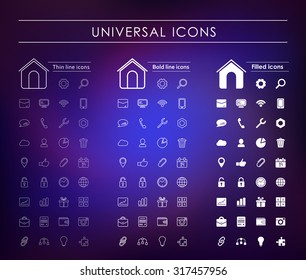 A set of 35 universal white icons on purple blurred background. Variants - a thin line, bold line, fill
