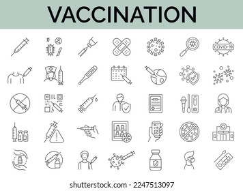 Set  of 35 vaccination line icons. Editable stroke. 