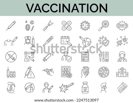 Set  of 35 vaccination line icons. Editable stroke. 