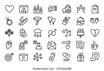 Set of 35 Valentine's Day icons in line style. Love, couple, gift, ring, flowers. Vector illustration.