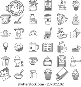 Set of 35 vector icons black flat line design for breakfast, lunch or dinner menu on white background. 