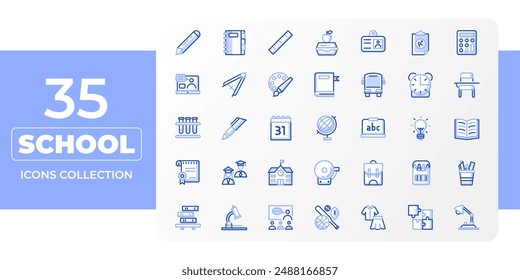 Set of 35 vector icons depicting school supplies, such as backpack, school uniform, lunch box, alarm clock, globe, alphabet, etc. Can be used for educational purposes, back to school promotions.