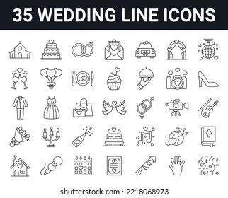Set of 35 wedding, marrying, ceremony line icons. Editable stroke. 