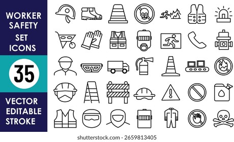 Conjunto de 35 ícones de linha de segurança do trabalhador. Inclui capacete, luvas, cones, óculos, colete, máscara de gás, sinais de aviso, barreiras, fogo, arnês, ferramentas de segurança. Traçado editável