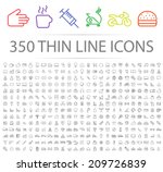 Set of 350 Minimal Modern Thin Stroke Black Icons (Multimedia, Business, Ecology, Education, Family, Medical, Fitness, Shopping, Construction, Travel, Hotel ) on White Background.