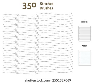 Conjunto de 350 pinceles de arte de puntadas mixtas con varias longitudes. Compatible con Adobe Illustrator CS6 y superior.