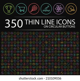 Set of 350 Modern Neon Thin Stroke Colored Icons on Circular Buttons (Multimedia, Business, Ecology, Education, Family, Medical, Fitness, Shopping, Construction, Travel, Hotel ) on Black Background.