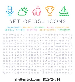 Set of 350 Modern Thin Stroke Colored Icons  ( Multimedia Business Ecology Education Family Medical Fitness Shopping Construction Travel Hotel )