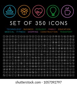 Set of 350 Modern Thin Stroke Colored Icons on Circular Buttons ( Multimedia Business Ecology Education Family Medical Fitness Shopping Construction Travel Hotel ) 
