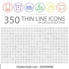 Set of 350 Modern Thin Stroke Colored Icons on Circular Buttons (Multimedia, Business, Ecology, Education, Family, Medical, Fitness, Shopping, Construction, Travel, Hotel ) 