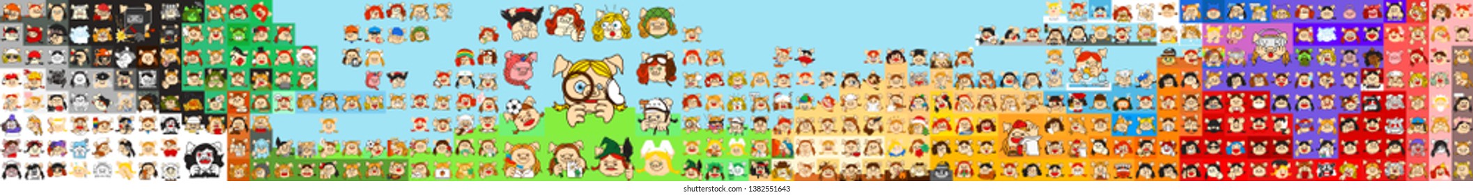 set of 350 pig girls emoji on a colorful mosaic landscape, collection of simple female piggy emoticon characters expressing all kinds of emotions, gestures, signs and facial expressions, icon pack