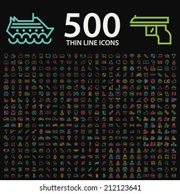 Set of 350 Standard Universal Minimal Modern Thin Stroke Color Neon Icons on Black Background.