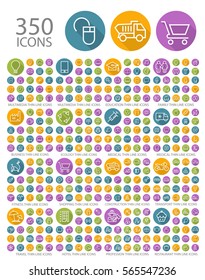 Set of 350 Universal Flat Minimalistic Elegant Standard Thin Line Icons on Circular Colored Buttons on White Background.