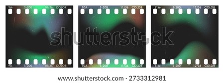 Set of 35mm film frames with multicolor aurora light leaks. Vintage film strip with sprocket holes, dust and scratches. Retro analog camera aesthetic with green and purple flares for photo overlay.