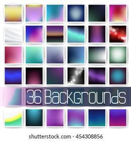 Set of 36 abstract square vector gradient backgrounds. Photo filters. Blurred backdrops. Calm fonds.