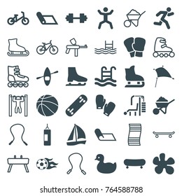 Set of 36 activity filled and outline icons such as duck, child bicycle, construction, skipping rope, paintball, skate, sailboat, boxing gloves, carpet, squat, running
