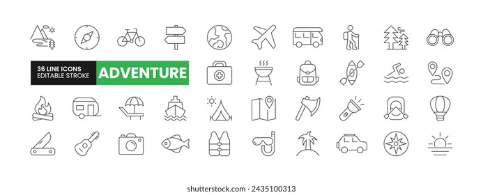 Set of 36 Adventure line icons set. Adventure outline icons with editable stroke collection. Includes Trekking, Forest, Swimming, Camping, Fishing, and More.