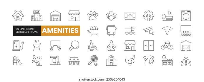 Set of 36 Amenities line icons set. Amenities outline icons with editable stroke collection. Includes Gym, Spa, Beach, Playground, Public Transport, and More.