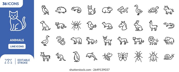 Set of 36 animal icons in line style, including mammals, birds, reptiles, insects, and sea creatures.