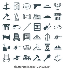 Set of 36 antique filled and outline icons such as coliseum, abacus, auction hummer, anchor, violin, camera wheel, hourglass, castle tower, sundial, mace, manuscript, cannon