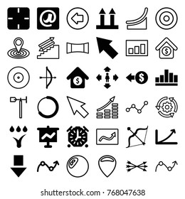 Set of 36 arrow filled and outline icons such as man move, coin, bow, arrow down, graph on board, loading, at email, house sale, watering system, graph, stopwatch