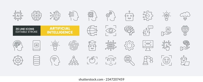 Set of 36 Artificial intelligence line icons set. AI outline icons with editable stroke collection. Includes machine learning, smart robotic and cloud computing network digital AI technology.