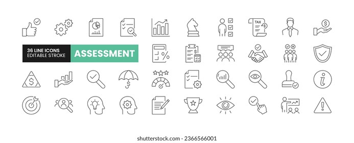 Set of 36 Assessment line icons set. Assessment outline icons with editable stroke collection. Includes Approval, Assessment, Audit, Risk, Goal, and More.
