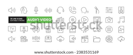 Set of 36 Audio and Video line icons set. Audio and Video outline icons with editable stroke collection. Includes Mute, Camera, Photo, Microphone, Cloud Tech and More.