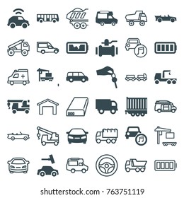 Set of 36 auto filled and outline icons such as airport bus, car wash, car, truck with hook, pump, truck, van, cargo trailer, cabriolet, ful battery, broken battery