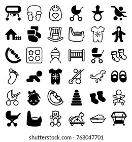 Set of 36 baby filled and outline icons such as pacifier, baby stroller, pyramid, house, playpen, teddy bear, foot print, from toy for beach, mittens, newborn child, toy horse