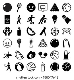 Set of 36 ball filled and outline icons such as baby toy, angry emot, bowling ball, biliard triangle, golf, golf putter, holding globe, tennis playing, baseball player