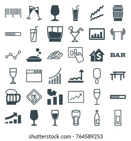 Set of 36 bar filled and outline icons such as cocktail, bar, soap, graph, drink, soda, dolar growth, horizontal bar, loading, wine glass, beer mug, barcode, bottle