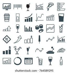 Set of 36 bar filled and outline icons such as soap, clean wine glass, graph, ice cream on stick, chart, loading, browser window, wine glass, restaurant, drink, sushi
