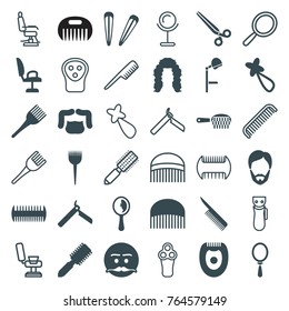 Set of 36 barber filled and outline icons such as bllade razor, barber brush, hair brush, comb, man hairstyle, coloring brush, hair barrette, emot with mustache