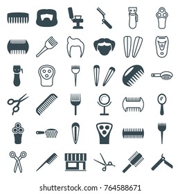 Set of 36 barber filled and outline icons such as comb, bllade razor, electric razor, barber brush, man hairstyle, mirror, hair barrette, hair brush, coloring brush