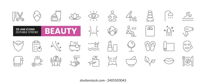 Set of 36 Beauty line icons set. Beauty outline icons with editable stroke collection. Includes Sauna, Yoga, Swimming, Pedicure, Hair Dryer, and More.