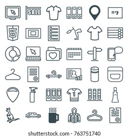 Set of 36 blank outline icons such as map location, mug, cangaroo, wooden wall, pepper, hanger, spray bottle, document, cream tube, cream, t-shirt, hoodie, paper, sale, laptop