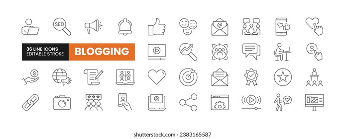 Set of 36 Blogger line icons set. Blogger outline icons with editable stroke collection. Includes Blogger, SEO, Growth, Feedback, Subscribe and More.