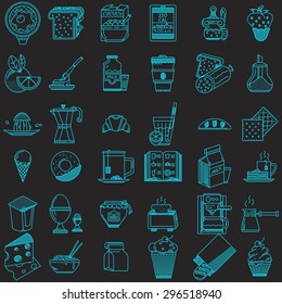 Set of 36 blue flat line vector icons for food on black background.