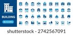 Set of 36 Building and City Infrastructure Icons. Flat Vector Illustration of Public, Commercial, and Religious Architecture
