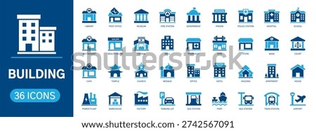 Set of 36 Building and City Infrastructure Icons. Flat Vector Illustration of Public, Commercial, and Religious Architecture