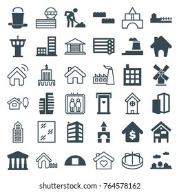 Set of 36 building filled and outline icons such as door with heart, wooden wall, court, airport tower, building, window, digging man, building block, cargo barn, home
