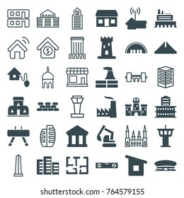Set of 36 building filled and outline icons such as castle, barn, chichen itza, building, airport tower, airport, factory, level ruler, excavator, bank, house building, plan