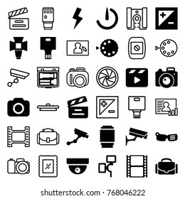 Set of 36 camera filled and outline icons such as security camera, smart glasses, movie clapper, movie tape, soft box, light exposure, flash