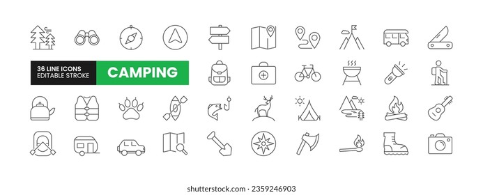 Set of 36 Camping line icons set. Camping outline icons with editable stroke collection. Includes Caravan, SUV, Fishing, Tent, Lake and More.